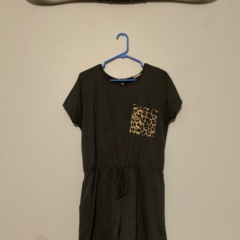 Grey Romper with Leopard Print Pocket